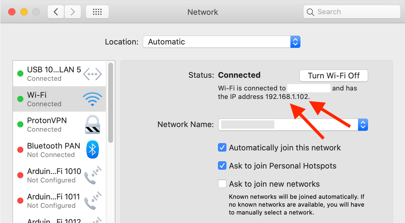 Image of the MacOS System Network Preferences with red arrows pointing to the local IP address.