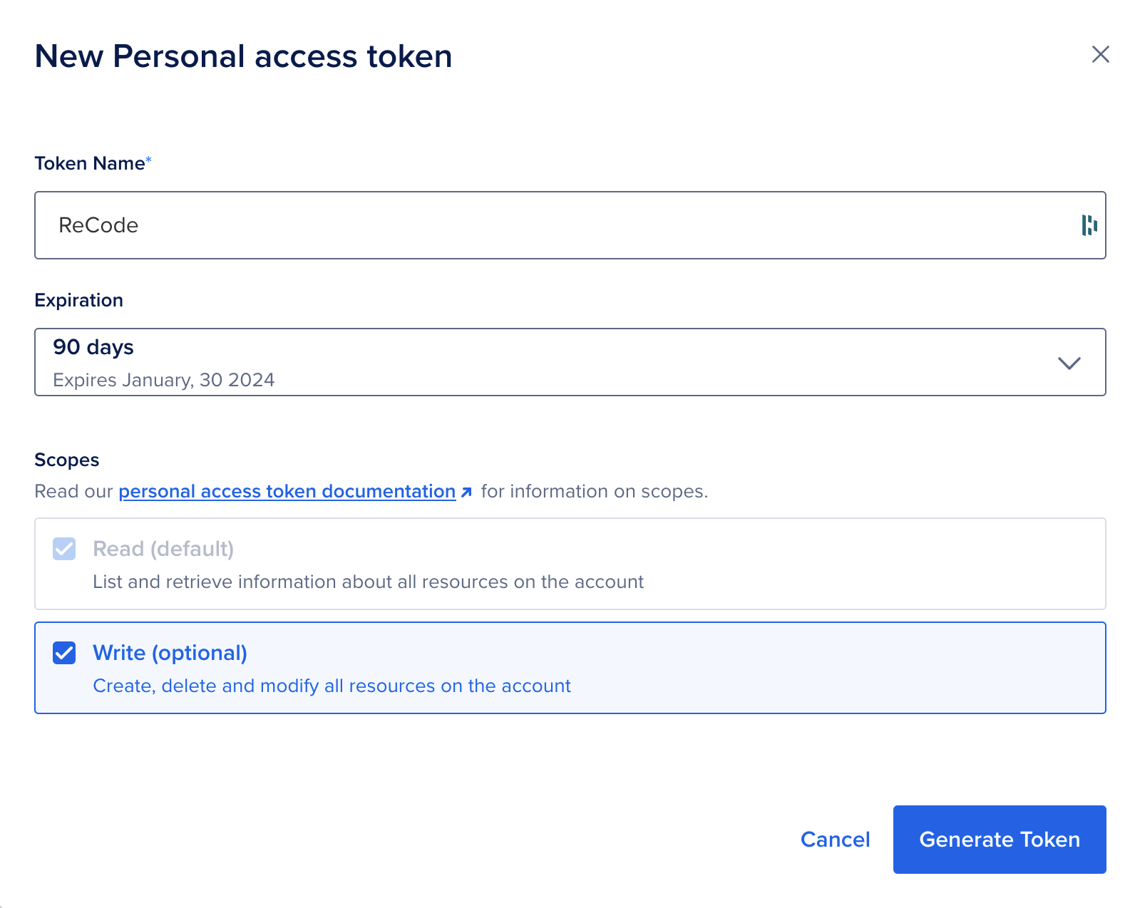 Digital Ocean Create New Personal Access Token