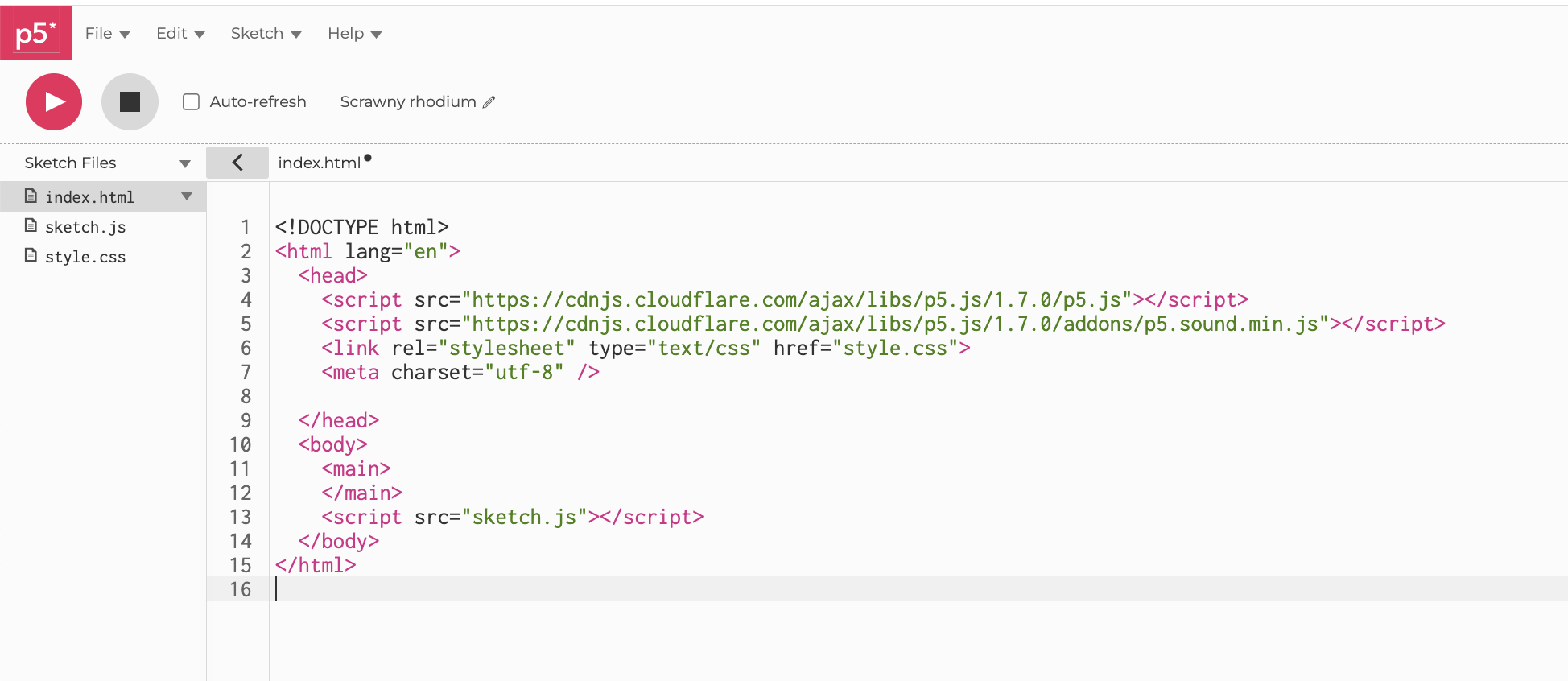 An image of the default p5.js web editor's file structure and index.html code, showing how the p5.js library is loaded from a dynamic web link using a content delivery network or CDN.