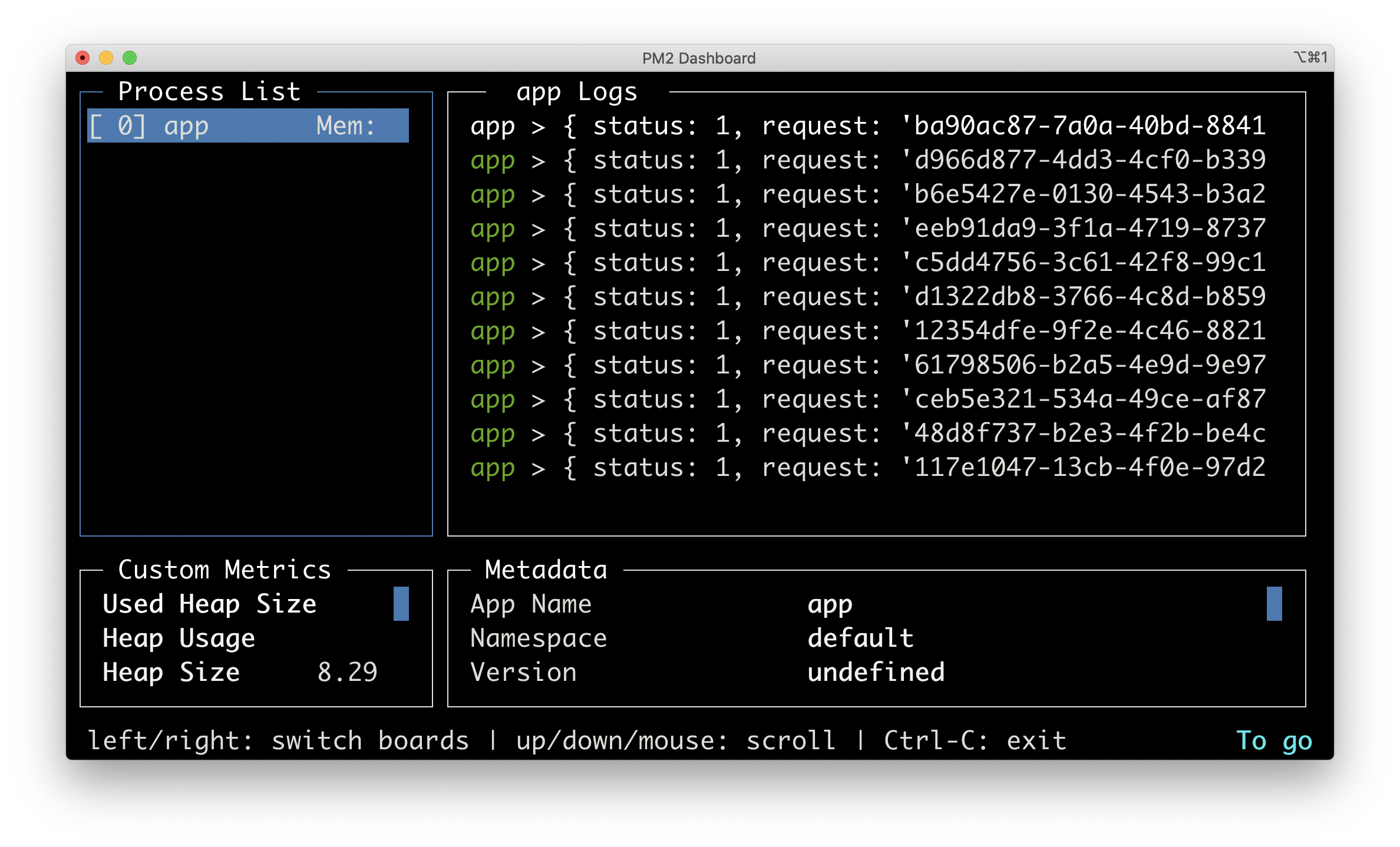 a screenshot of the pm2 monitoring window