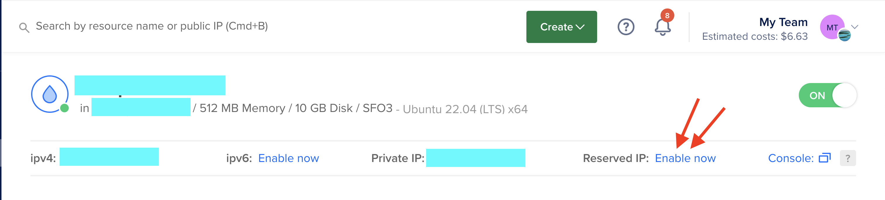 Digital Ocean Droplet Console showing the Reserved IP enable now setting